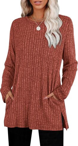 SAMPEEL Womens Sweaters Crewneck Long Sleeve Shirts with Pockets Fall Outfits 2025 Fashion Winter Clothing Side Slit in Saudi Arabia