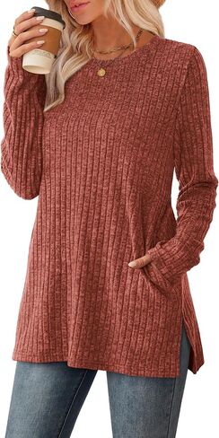 SAMPEEL Womens Sweaters Crewneck Long Sleeve Shirts with Pockets Fall Outfits 2025 Fashion Winter Clothing Side Slit in Saudi Arabia