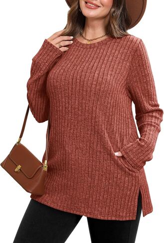 SAMPEEL Womens Sweaters Crewneck Long Sleeve Shirts with Pockets Fall Outfits 2025 Fashion Winter Clothing Side Slit in Saudi Arabia