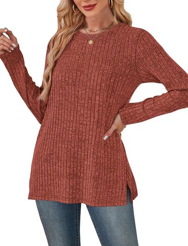 SAMPEEL Womens Sweaters Crewneck Long Sleeve Shirts with Pockets Fall Outfits 2025 Fashion Winter Clothing Side Slit in Saudi Arabia