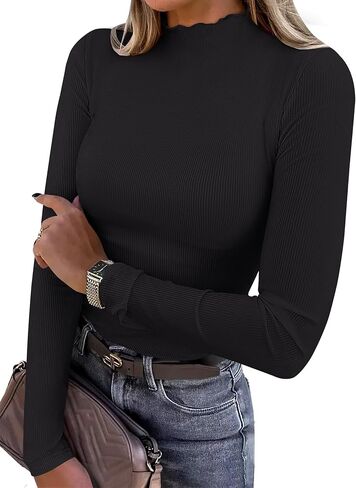 anrabess women's lettuce trim mock jock sleeve long tops 2025 disdy disy shy slim knit slim fit tee ompites fall fall hear hear in Kuwait