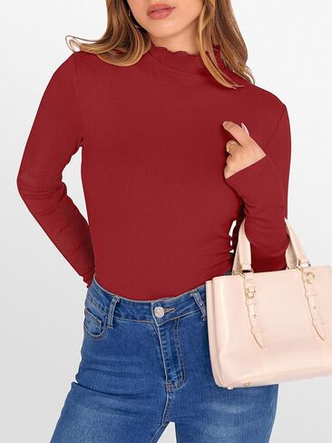 anrabess women's lettuce trim mock jock sleeve long tops 2025 disdy disy shy slim knit slim fit tee ompites fall fall hear hear in Saudi Arabia