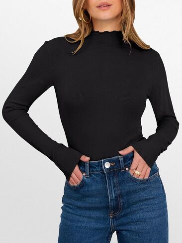 anrabess women's lettuce trim mock jock sleeve long tops 2025 disdy disy shy slim knit slim fit tee ompites fall fall hear hear in Kuwait
