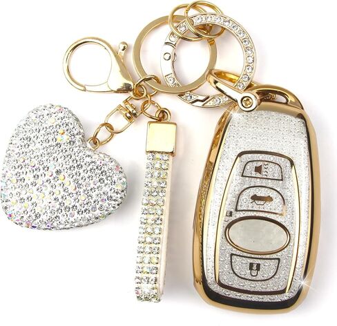 تغطية مفاتيح مفتاح مع سلسلة مفاتيح الماس لائحة حامل مفتاح Subaru متوافق مع Subaru Forester Outback Brz Legacy Crosstrek Smart Key Key Protector for Women ، 4 Buttons (Purple-Heart) in Kuwait