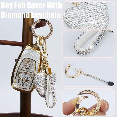 تغطية مفاتيح مفتاح مع سلسلة مفاتيح الماس لائحة حامل مفتاح Subaru متوافق مع Subaru Forester Outback Brz Legacy Crosstrek Smart Key Key Protector for Women ، 4 Buttons (Purple-Heart) in Kuwait