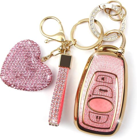 تغطية مفاتيح مفتاح مع سلسلة مفاتيح الماس لائحة حامل مفتاح Subaru متوافق مع Subaru Forester Outback Brz Legacy Crosstrek Smart Key Key Protector for Women ، 4 Buttons (Purple-Heart) in Kuwait