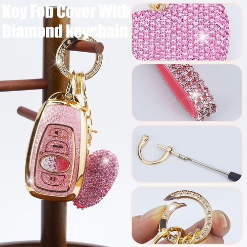 تغطية مفاتيح مفتاح مع سلسلة مفاتيح الماس لائحة حامل مفتاح Subaru متوافق مع Subaru Forester Outback Brz Legacy Crosstrek Smart Key Key Protector for Women ، 4 Buttons (Purple-Heart) in Kuwait