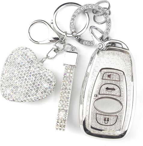 تغطية مفاتيح مفتاح مع سلسلة مفاتيح الماس لائحة حامل مفتاح Subaru متوافق مع Subaru Forester Outback Brz Legacy Crosstrek Smart Key Key Protector for Women ، 4 Buttons (Purple-Heart) in Kuwait