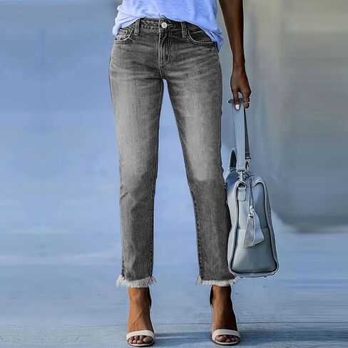 Women Boyfriend Jeans High Waist Stretchy Ripped Jeans Trendy Raw Hem Straight Leg Jean Distressed Denim Pants in Saudi Arabia