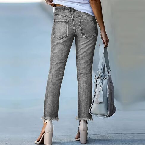 Women Boyfriend Jeans High Waist Stretchy Ripped Jeans Trendy Raw Hem Straight Leg Jean Distressed Denim Pants in Saudi Arabia