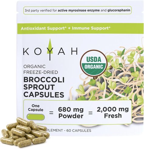 KOYAH Organic Broccoli Sprout Capsules – Freeze-Dried Whole Broccoli Sprouts – 3rd Party Tested for Active Myrosinase & Glucoraphanin (Sulforaphane Glucosinolate) - 60 Capsules in Kuwait