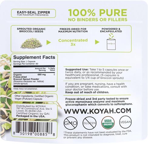 KOYAH Organic Broccoli Sprout Capsules – Freeze-Dried Whole Broccoli Sprouts – 3rd Party Tested for Active Myrosinase & Glucoraphanin (Sulforaphane Glucosinolate) - 60 Capsules in Kuwait