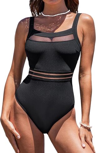 Cupshe Women's One One Piece Swimsuit Square Dique Build Suit Cutout Back Mesh Front Front Adleable Wide Straps محكم in Kuwait