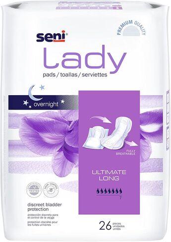 Seni Lady Overnight Pads, Ultimate Long Overnight Incontinence Bladder Control Pads with Adhesive Strip, 26 Count (1 Pack of 26), Discrete Bladder Protection for Women in Saudi Arabia