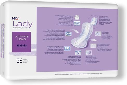 Seni Lady Overnight Pads, Ultimate Long Overnight Incontinence Bladder Control Pads with Adhesive Strip, 26 Count (1 Pack of 26), Discrete Bladder Protection for Women in Saudi Arabia