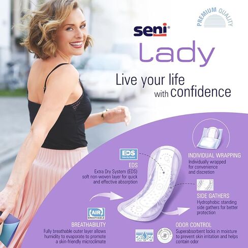 Seni Lady Overnight Pads, Ultimate Long Overnight Incontinence Bladder Control Pads with Adhesive Strip, 26 Count (1 Pack of 26), Discrete Bladder Protection for Women in Saudi Arabia
