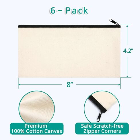 Phicorn Small Canvas Zipper Pouch-6 عبوات (8 "× 4.2") أكياس قطنية طبيعية فارغة مع بطانة بيضاء للحرف اليدوية والمكياج والسفر والتنظيم اليومي in Saudi Arabia
