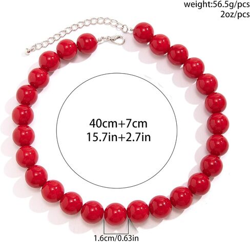 Chunky Red Beaded Necklace for Women Adjustable 16MM Bead Choker Necklace Big Colorful Beaded Black Necklaces Large Red Pearl Statement Necklaces Jewelry Accessories in Saudi Arabia