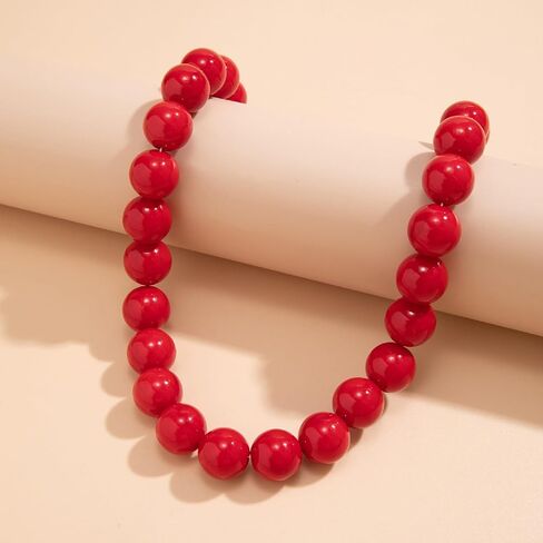 Chunky Red Beaded Necklace for Women Adjustable 16MM Bead Choker Necklace Big Colorful Beaded Black Necklaces Large Red Pearl Statement Necklaces Jewelry Accessories in Saudi Arabia