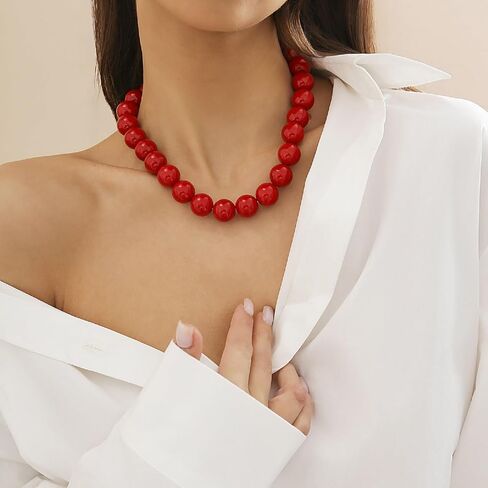 Chunky Red Beaded Necklace for Women Adjustable 16MM Bead Choker Necklace Big Colorful Beaded Black Necklaces Large Red Pearl Statement Necklaces Jewelry Accessories in Saudi Arabia