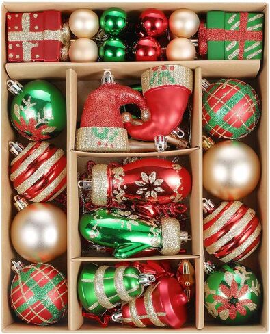 Christmas Ball Ornaments Set, 55ct 60mm Elegant Red Green and Gold Assorted Xmas Tree Ball Ornaments, Shatterproof Christmas Tree Hanging Ornaments for Xmas Decoration in Saudi Arabia