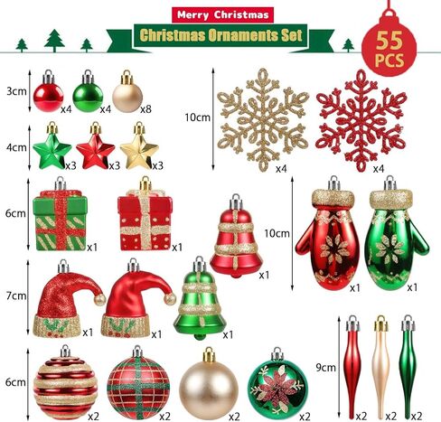 Christmas Ball Ornaments Set, 55ct 60mm Elegant Red Green and Gold Assorted Xmas Tree Ball Ornaments, Shatterproof Christmas Tree Hanging Ornaments for Xmas Decoration in Saudi Arabia