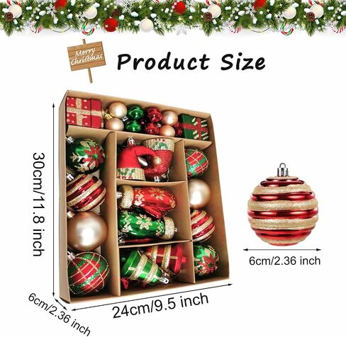 Christmas Ball Ornaments Set, 55ct 60mm Elegant Red Green and Gold Assorted Xmas Tree Ball Ornaments, Shatterproof Christmas Tree Hanging Ornaments for Xmas Decoration in Saudi Arabia