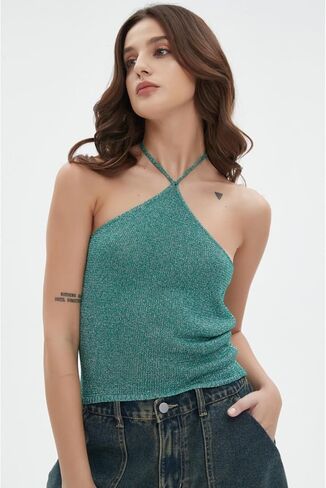Halter Top Mesh Top Shiny Sparkly Cozy Sleeveless Casual Top Sexy Y2k Trendy Top in Saudi Arabia
