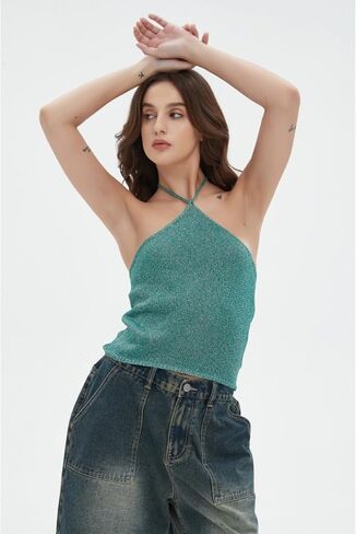 Halter Top Mesh Top Shiny Sparkly Cozy Sleeveless Casual Top Sexy Y2k Trendy Top in Saudi Arabia