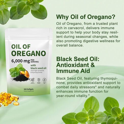 زيت أوريجانو مع زيت البذور السوداء - زيت كبسولات الأوريجانو ، كبسولات ACEITE DE ORégano ، الدعم المناعي ، غير المعدلة وراثيًا ، خالية من الغلوتين ، 300 ناعمة in Saudi Arabia