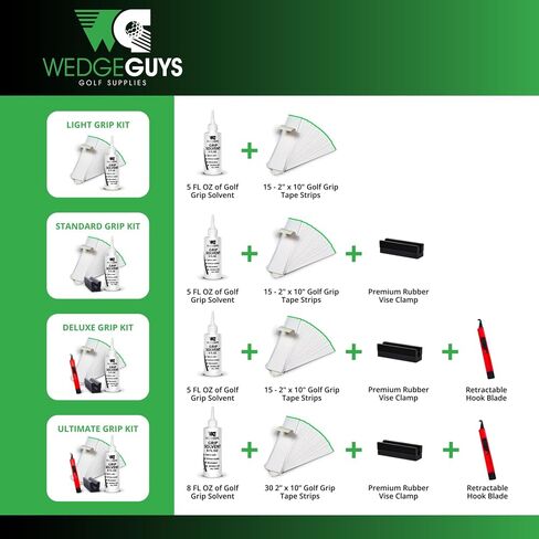مجموعات مقابض الجولف من Wedge Guys لإعادة مضارب نوادي الجولف - جودة احترافية - تتضمن الخيارات شفرة خطاف، و15 أو 30 شريطًا شريطيًا، ومذيبات 5 أو 8 أونصة، ومزيل شريط الإمساك، وملزمة المقعد، ومشبك مطاطي in Kuwait