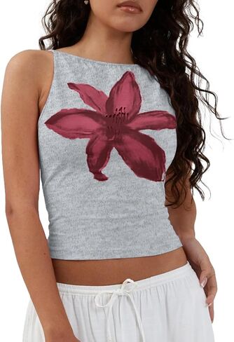 Cioatin Women Cute Yellow Floral Print Crop Tank Tops Sleeveless Slim Fit Cotton Y2K Aesthetic Preppy Summer Cami Outfit in Kuwait