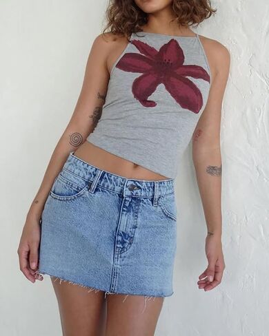 Cioatin Women Cute Yellow Floral Print Crop Tank Tops Sleeveless Slim Fit Cotton Y2K Aesthetic Preppy Summer Cami Outfit in Kuwait