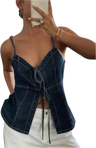 Gorglitter Women's Denim Bow Tie tops Tops Olcyfleess Strappy Lackless y2k لطيف الصيف الهذيان peplum قمم أنيقة عصرية in Saudi Arabia
