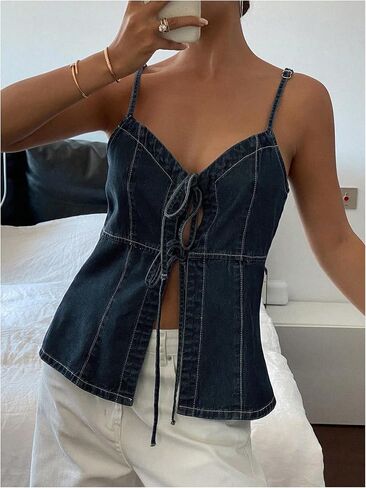 Gorglitter Women's Denim Bow Tie tops Tops Olcyfleess Strappy Lackless y2k لطيف الصيف الهذيان peplum قمم أنيقة عصرية in Saudi Arabia