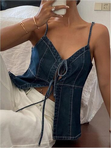 Gorglitter Women's Denim Bow Tie tops Tops Olcyfleess Strappy Lackless y2k لطيف الصيف الهذيان peplum قمم أنيقة عصرية in Saudi Arabia