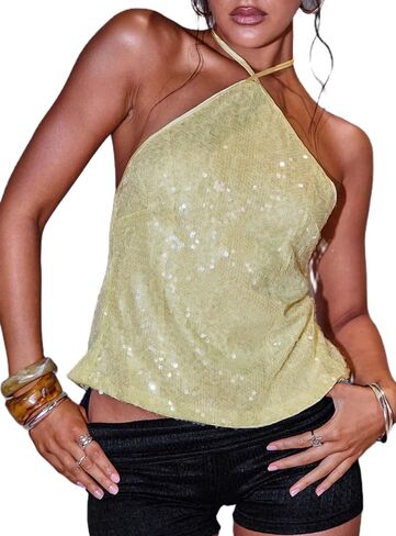 Women Y2k Floral Tank Top Sequin Halter Neck Beaded Top Sleeveless Tie Up Open Back Crop Top Summer Club Streetwear in Saudi Arabia