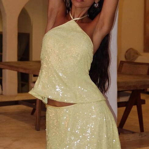 Women Y2k Floral Tank Top Sequin Halter Neck Beaded Top Sleeveless Tie Up Open Back Crop Top Summer Club Streetwear in Saudi Arabia