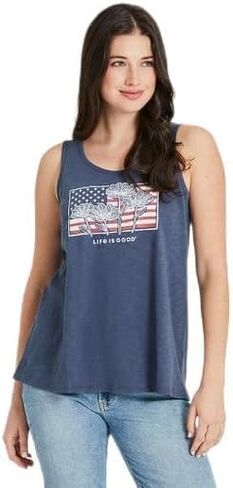 Life is Good. Women's Flower Flag Textured Slub Tank, Darkest Blue in Saudi Arabia