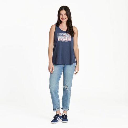 Life is Good. Women's Flower Flag Textured Slub Tank, Darkest Blue in Saudi Arabia