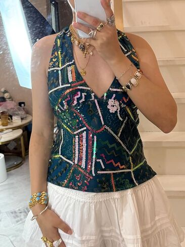 Women Y2k Floral Tank Top Sequin Halter Neck Beaded Top Sleeveless Tie Up Open Back Crop Top Summer Club Streetwear in Kuwait