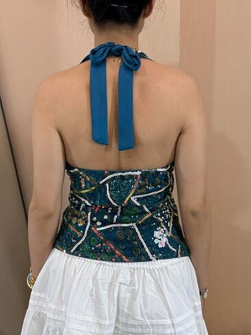 Women Y2k Floral Tank Top Sequin Halter Neck Beaded Top Sleeveless Tie Up Open Back Crop Top Summer Club Streetwear in Kuwait