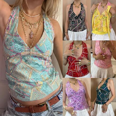 Women Y2k Floral Tank Top Sequin Halter Neck Beaded Top Sleeveless Tie Up Open Back Crop Top Summer Club Streetwear in Kuwait