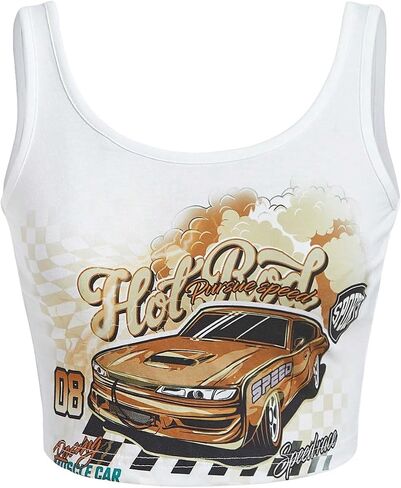 WDIRARA Women's Car Letter Graphic Print Scoop Neck Sleeveless Crop Tank Top Casual T Shirt Top in Saudi Arabia
