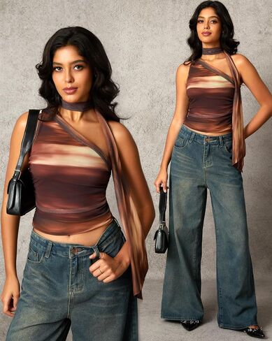 Off One Shoulder Halter Going Out Tops for Women Cute Club Rave Top Ruched Mesh Sleeveless Crop Tank Top with Scarf in Kuwait