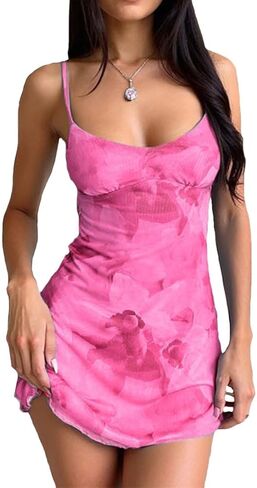 LOFAAC Women Spaghetti Strap Floral Pattern Mesh Bodycon Mini Dress Slim Fit Sleeveless Backless Sheer Party Short Dress in Kuwait