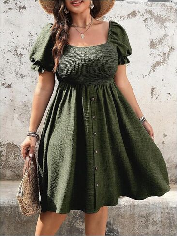 Verdusa Women's Plus Size Button Down Puff Sleeve Summer Dresses Square Neck Shirred Flowy Dress in Saudi Arabia