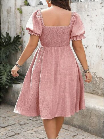 Verdusa Women's Plus Size Button Down Puff Sleeve Summer Dresses Square Neck Shirred Flowy Dress in Saudi Arabia