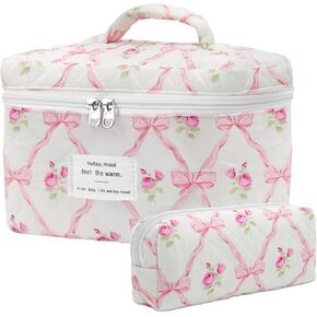 Floral Makeup Bag, Quilted Makeup Bag Set, Cotton Cosmetic Bag, Flower Travel Toiletry Bag, Coquette Aesthetic Floral Toiletry Organizer Bag in Kuwait