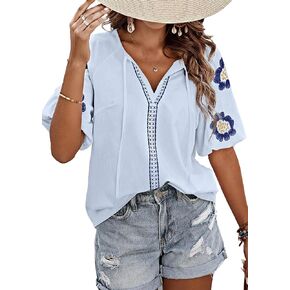 HVEPUO Summer Puff Short Sleeve Shirts for Women V Neck Boho Vacation Floral Embroidered Blouses Casual Cute Going Out Tops in Saudi Arabia